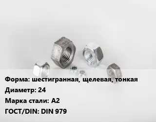 Гайка шестигранная, щелевая, тонкая D=24 Сталь: А2 DIN 979